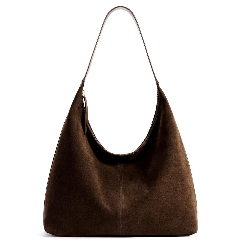 9625 Suede Cresent Tote, Slouchy Hobo Bag Vegan Leather Medium Zipper - Picture 1 of 7